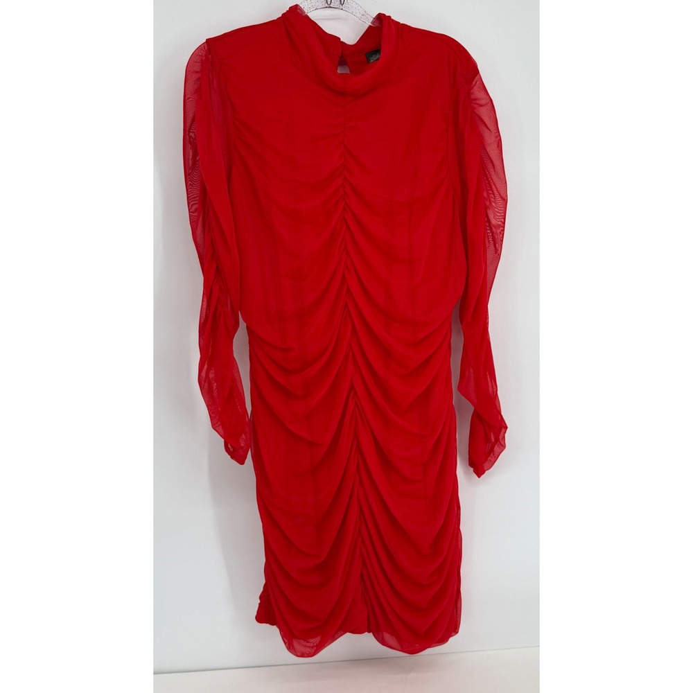 Wild Fable Womens Red Ruched Mesh Mock Neck Long Sleeve Bodycon Dress Sz 2X NEW